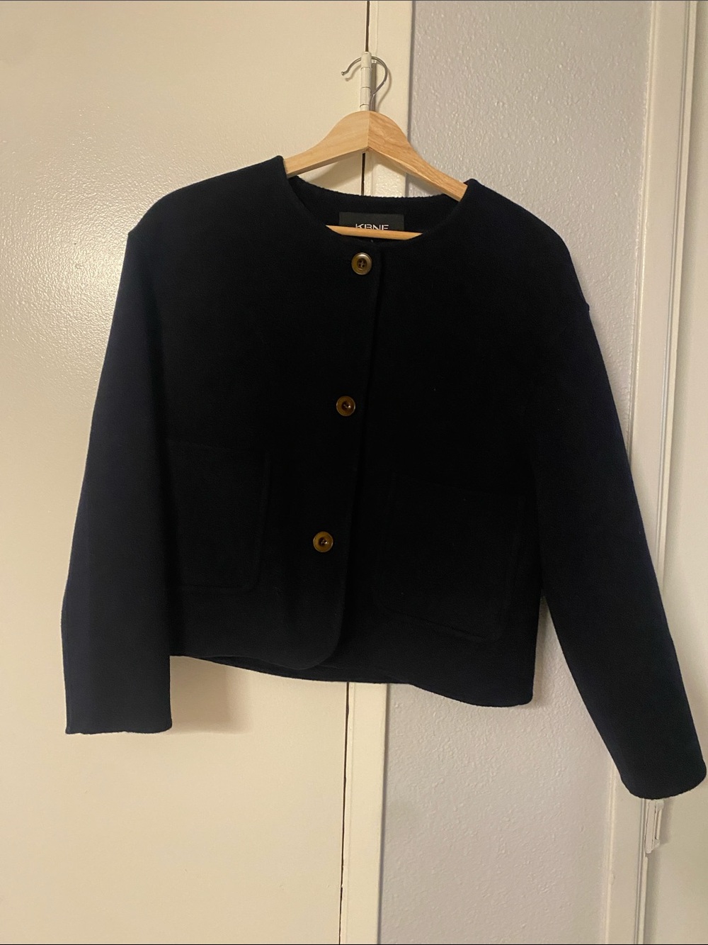 Navy Collarless Wool Button Blazer